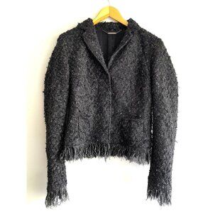Elie Tahari Size Medium Tweed Wool Alpaca Mohair Fringe Hem Comfy Casual Jacket